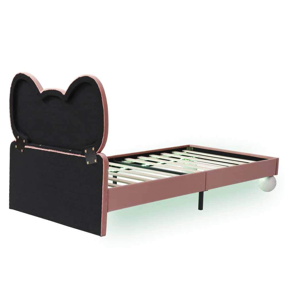 PINGGO Kinderbett, Einzelbett, 90 x 200 cm, Samt-Kopfteil in Fliegenform, Farbe, verstellbares LED-Licht, stabile Latten, ohne Matratze – Detail 17