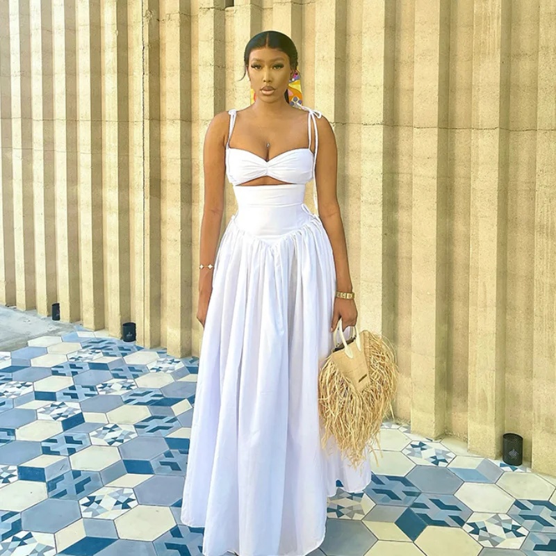 

Solid color Lace Up Hollow Out Dress Sleeveless Backless Elastic Waist Maxi Dress 2025 Summer Fashion Sexy Women's Clothing zz