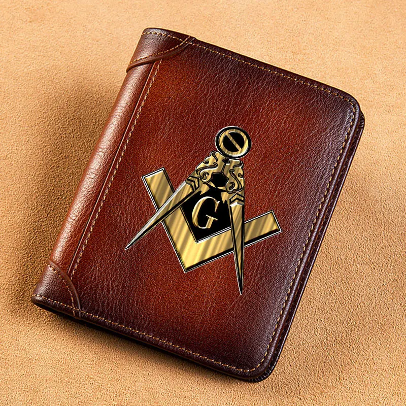 

High Quality Genuine Leather Wallet Mysterious Freemason Symbol Printing Standard Short Purse BK3629