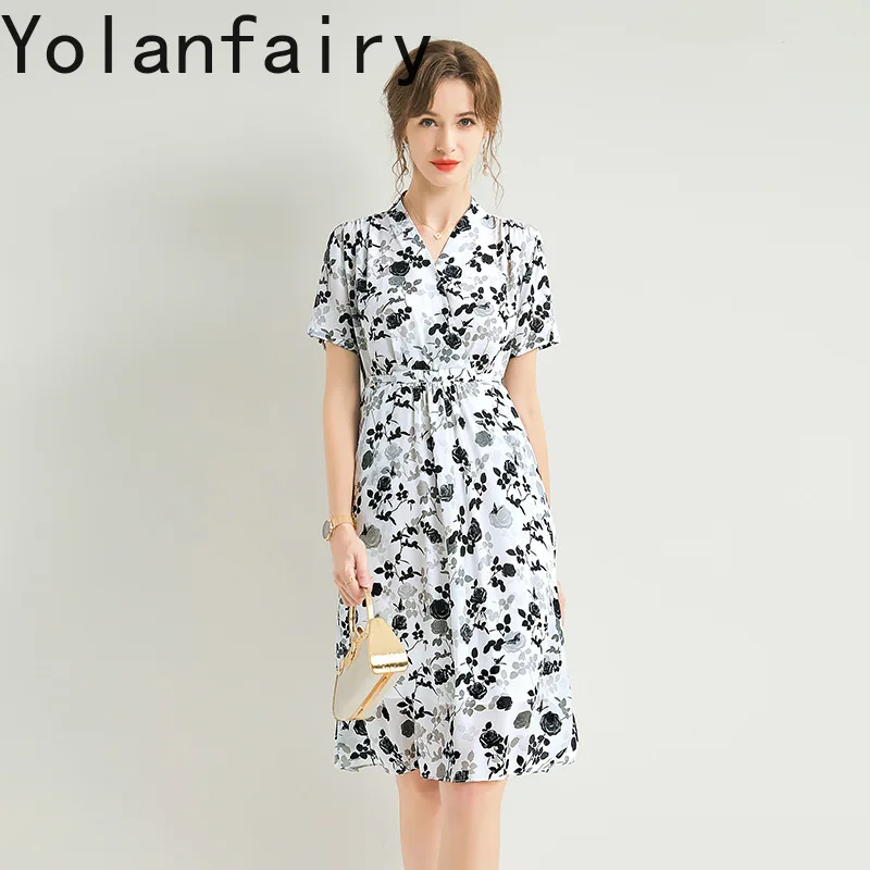 YOLANFAIRY 100% Reale Abiti di Seta di Gelso per la Donna 2025 High-end Stampato Abito Bianco Abiti Eleganti Abiti Estivi vestidos de mujer