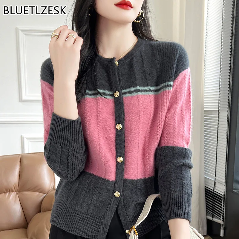 

2024 Autumn/Winter Cashmere Sweater 100% Wool Women's Round Neck Knitted Cardigan Casual Large Size Fashion Korean Clothing Tops