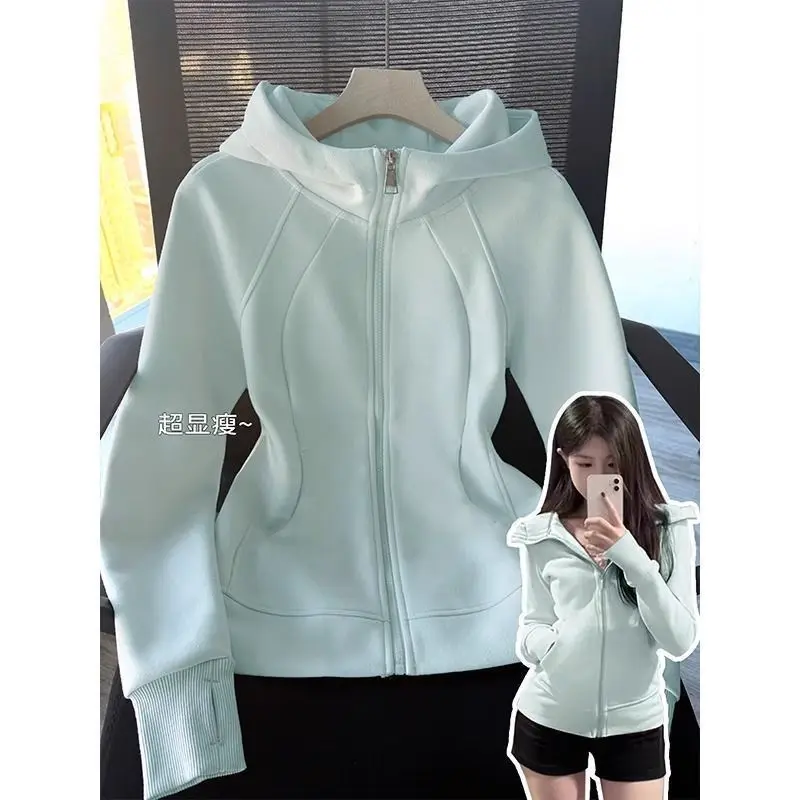 

2025 Streetwear Black Hoodie Coat Women's Clothing Hooded Zipper Slim Fit Y2k Jackets Casual Fashion Sweatshirts Tops Ropa Mujer
