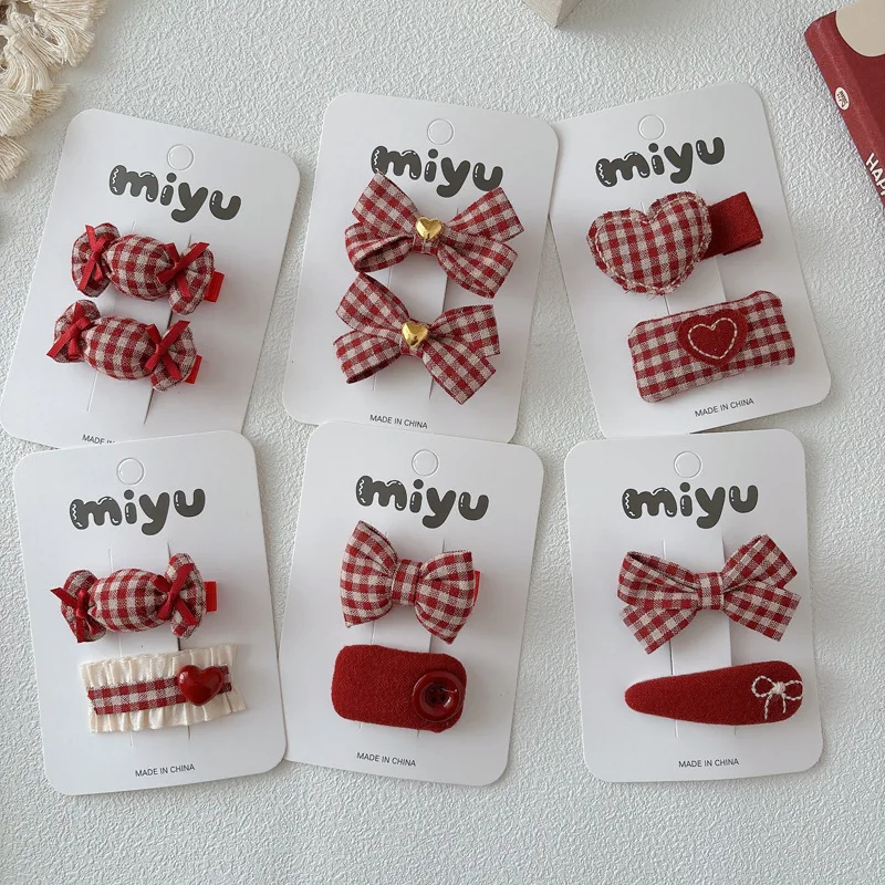 2pcs Red Hairpins Children's Plaid Bow Bangs Side Clip Sweet Girl Hair Clip Hairpin Barrettes Headwear New Year Hair Accessories
