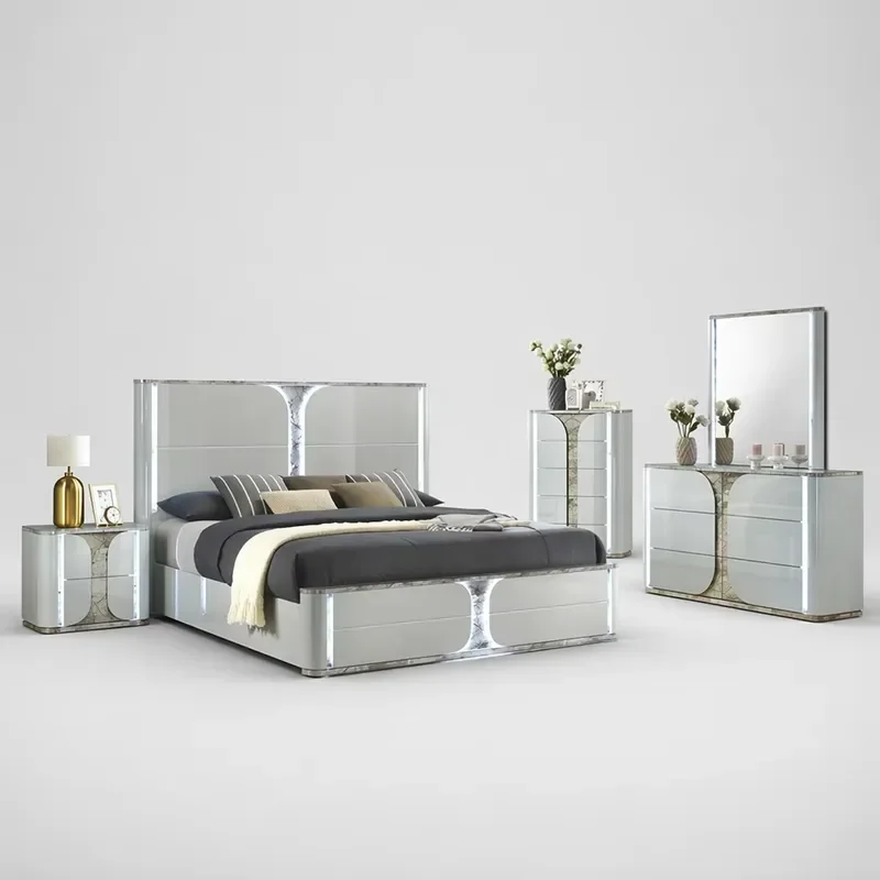 Modern High Gloss Light Gray 5 Piece Bedroom Furniture Set Queen King Bed Nightstand Assembled Wooden Storage Suite