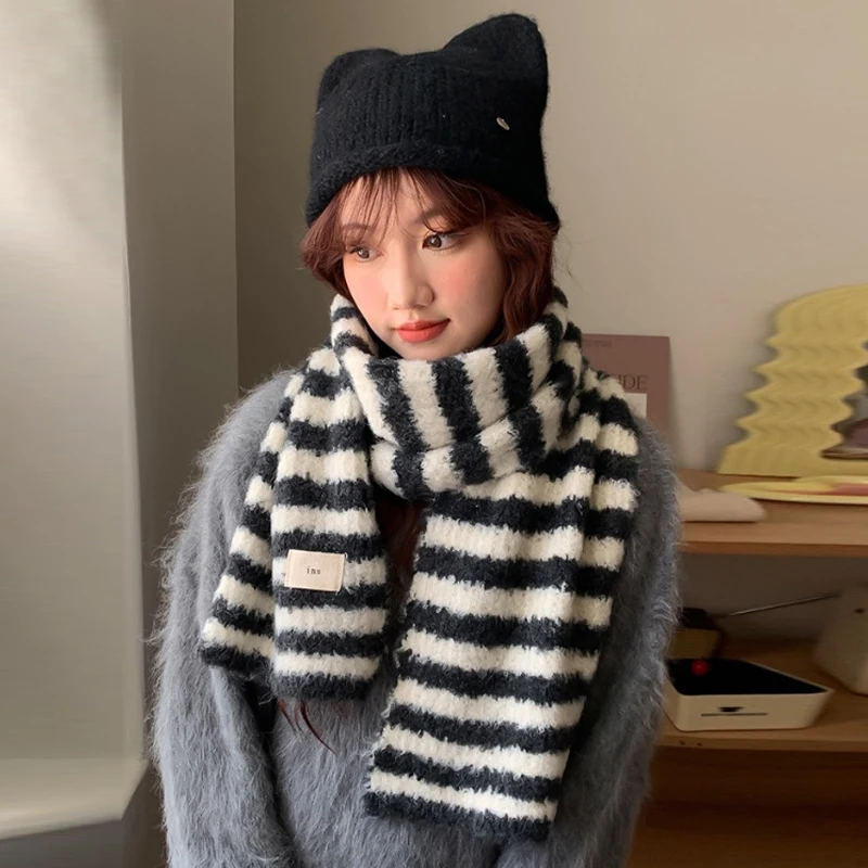 2024 Red Stripe Soft Glutinous Knitted Scarf Women Autumn and Winter Korean Series Atmosphere All-Match Thick Warm Scarf