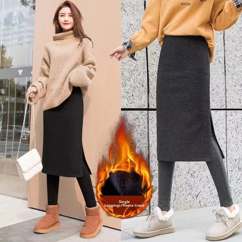 Slimming High Waist Fleece Lined Mid-Thigh Women's Leggings plus Size Comfortable Black Skinny Pants Fake Two-Piece Skirt