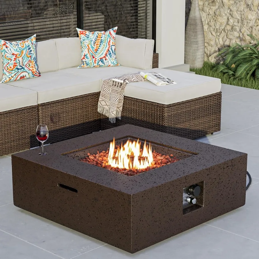 

Outdoor Propane Fire Pit Coffee Table with Square Faux Stone Base 35inch Diameter 50 000 BTU Stainless Steel Burner for Patio a