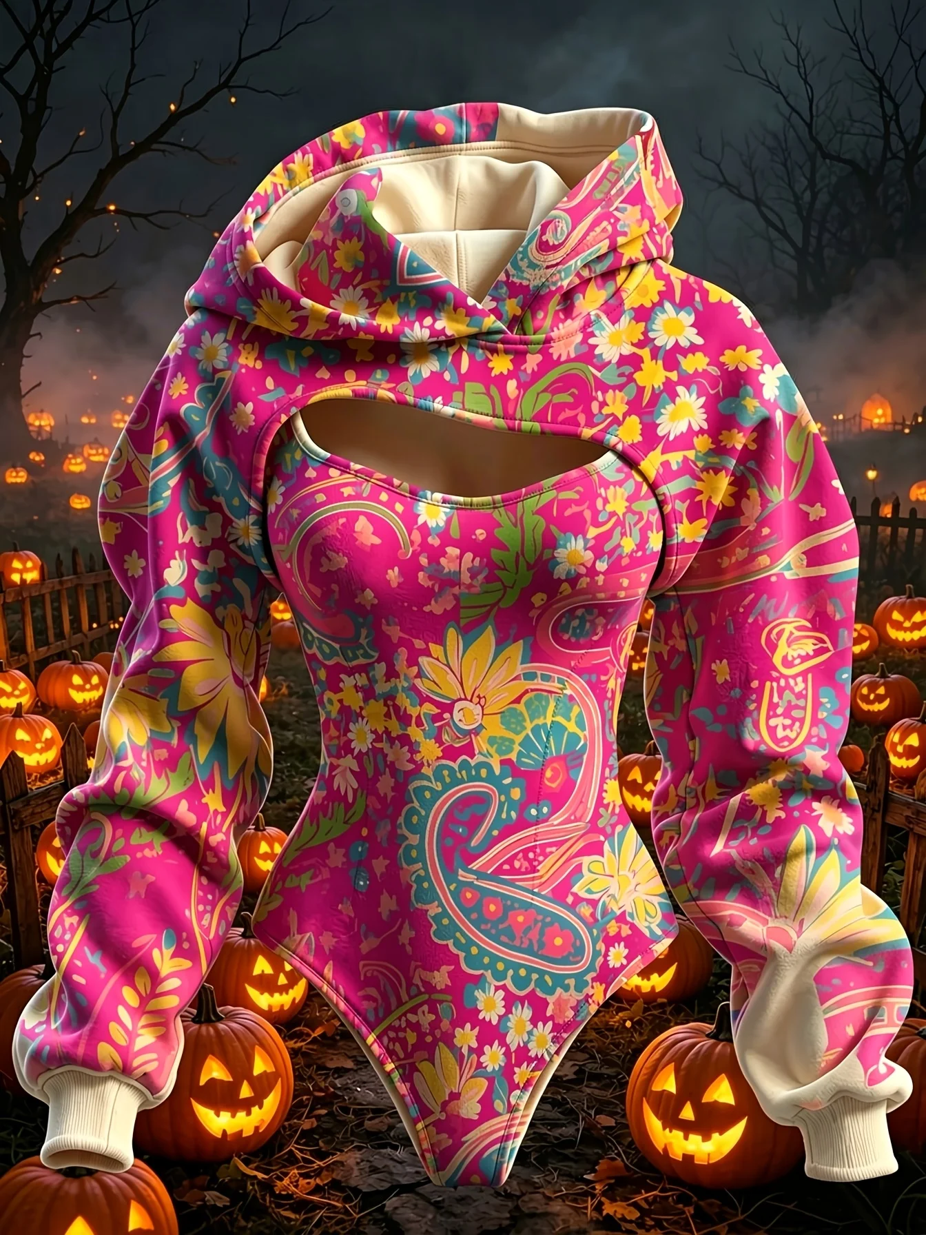 Women Halloween Paisley Floral Print Double Hood Bodysuit Hollow Out Long Sleeve Hoodie