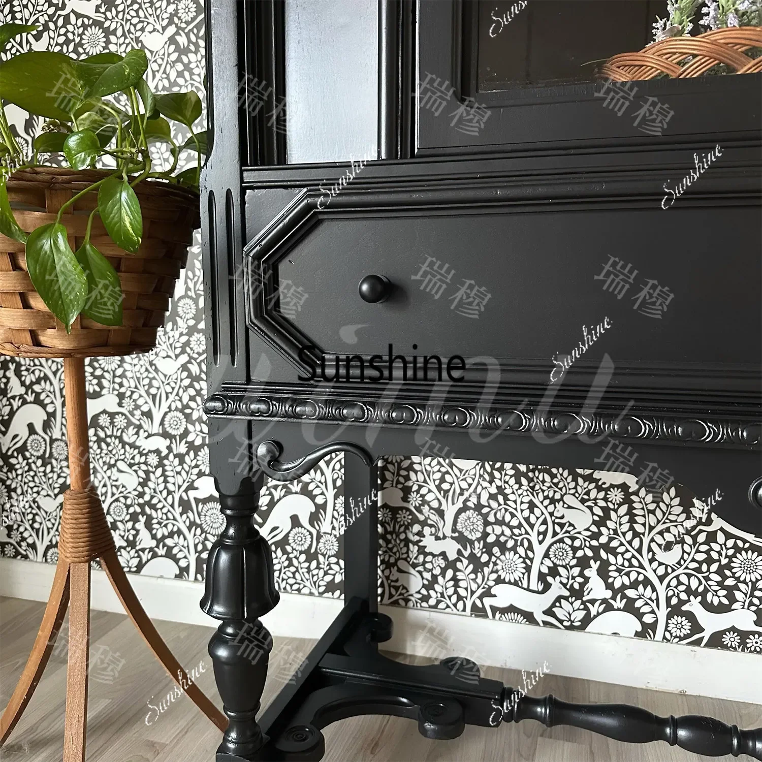 French vintage style solid wood sideboard, carved glass storage, living room and kitchen storage  FT