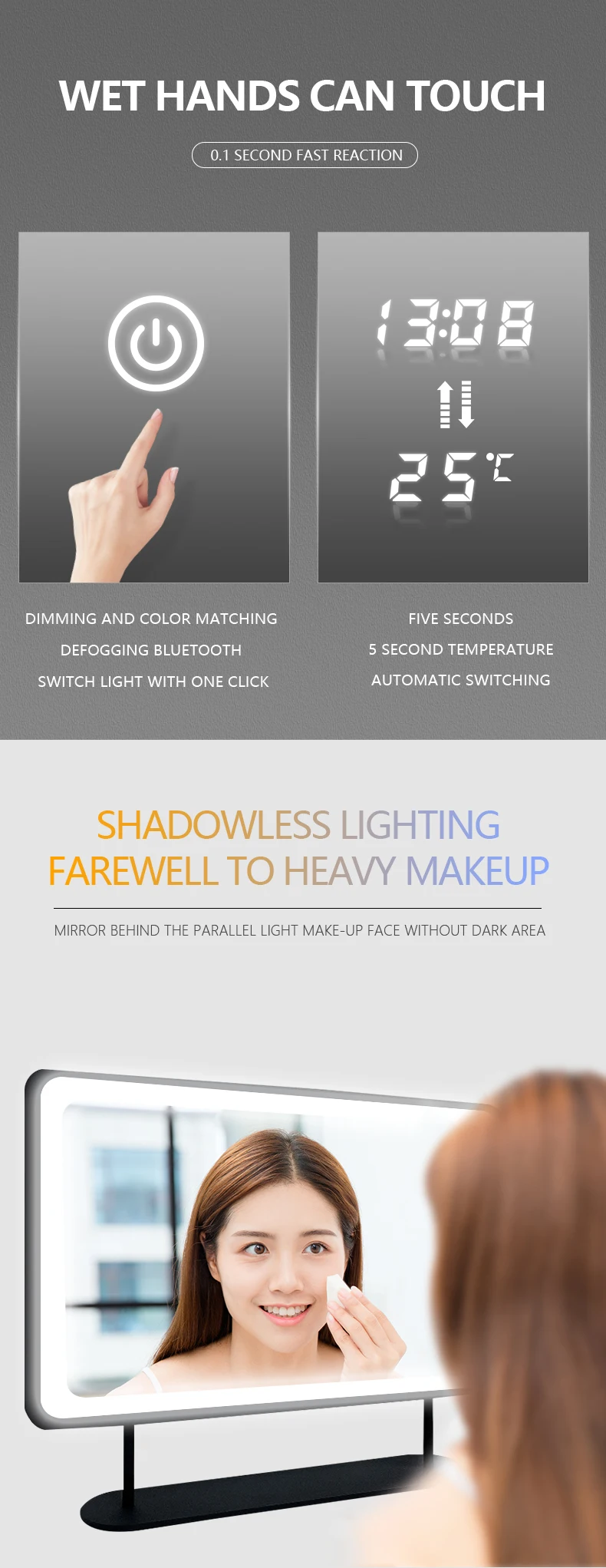 2024 Hot Sale Customized Portable Touch Screen Desktop Mirror Smart Waterproof Makeup Mirror With Led Dimming ed