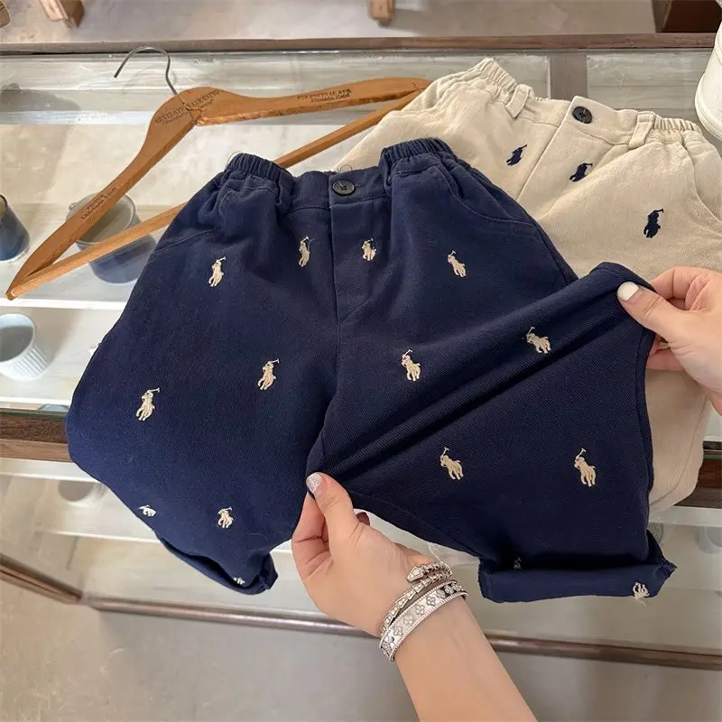 

Children's pants 2025 autumn new boys and girls simple embroidered stretch cotton casual baby trousers