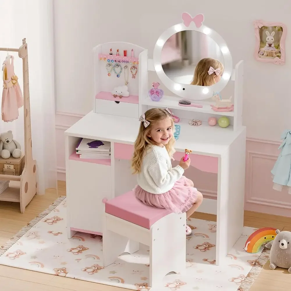 

Children's Wooden Vanity Set with Mirror, Stool, and Lighting for Toddler Girls (White)