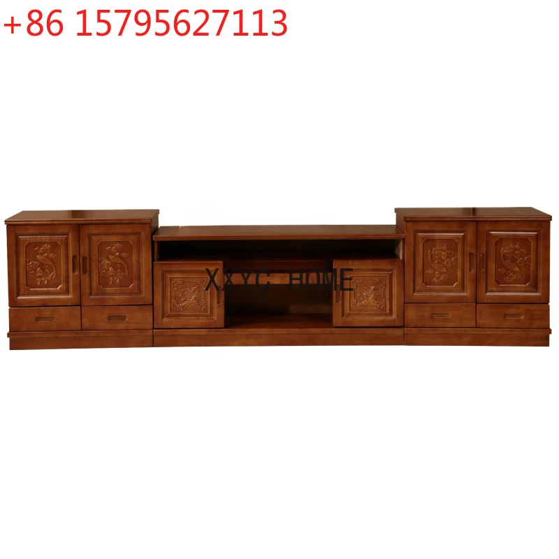 Wood Carved TV Cabinet Rural Floor Cabinet Large Living Room Combination 3-Meter-High 70cm Floor Cabinet