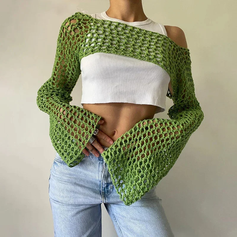 

Nice Summer Green Long Sleeve Smock Knitted Crop Top Women Y2k Beach Sexy Backless Hollow Out Party Blouse Shirts