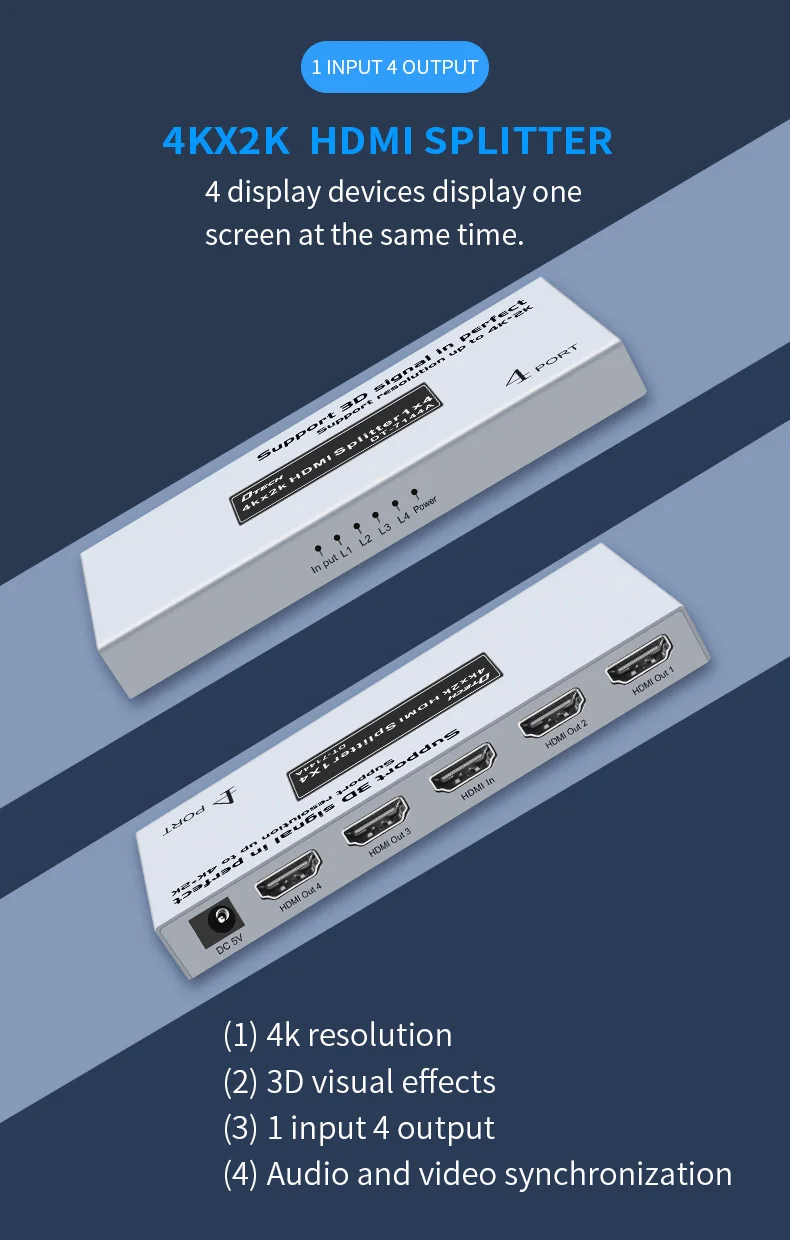 DTECH HDMI Switcher 1x4 5-port 4k 60hz 1 in 4 Out Video and Audio 2.0 HDMI Splitter