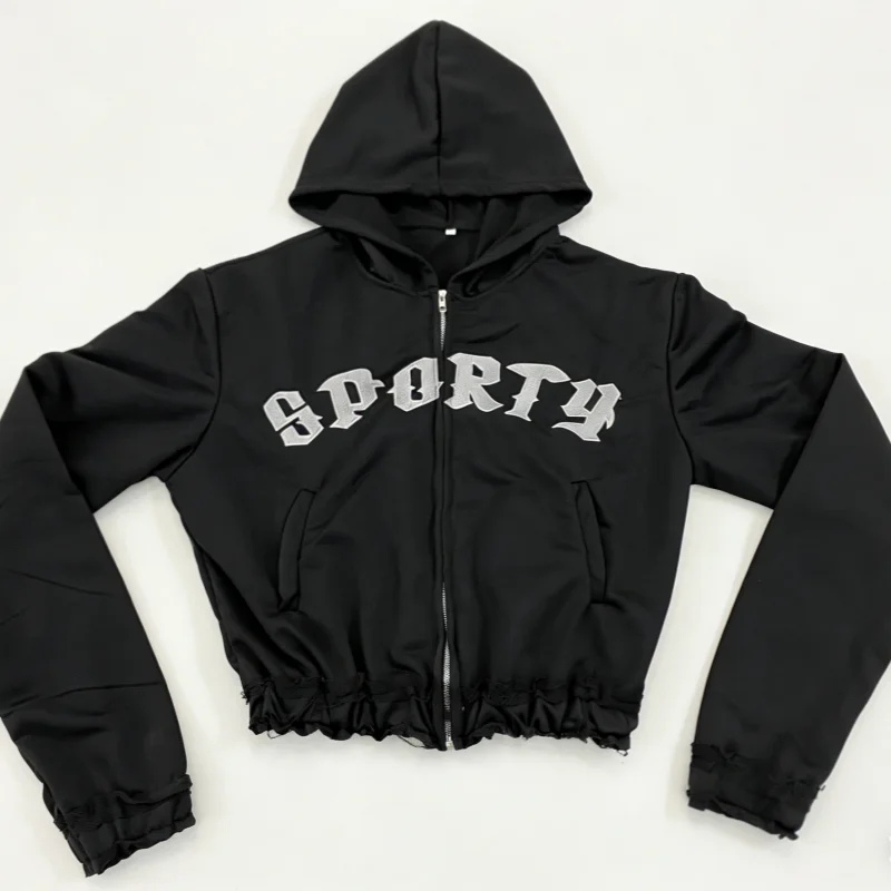 

European and American cross-border spring new women's clothing letter embroidery hoodie short jacket spicy girl waist cinching