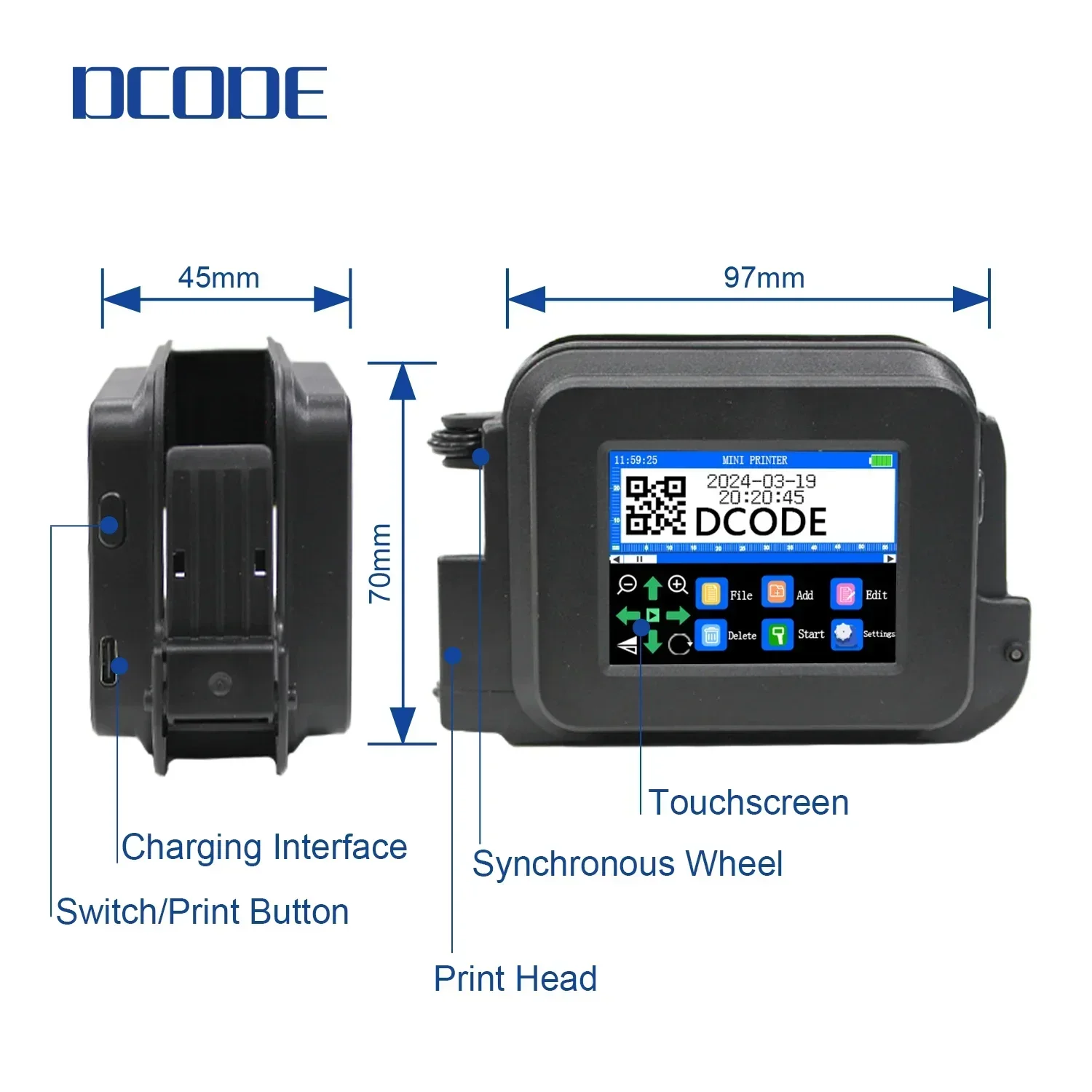 DCODE XMINI 12,7 mm draagbare miniprinter Handheld inkjetprinter Tekst QR Barcode Afbeelding Batchnummer Logo Beeldcoderingsmachine