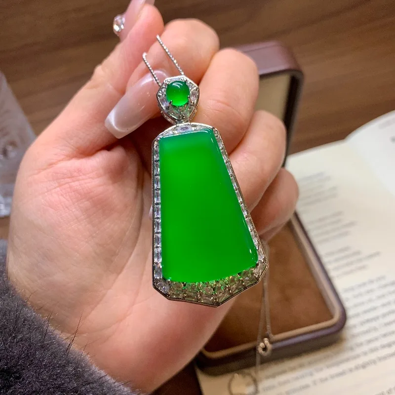 

High Ice Positive Green Chalcedony Safe Pendant, Hydrated Transparent Elegant Amulet Necklace Gift