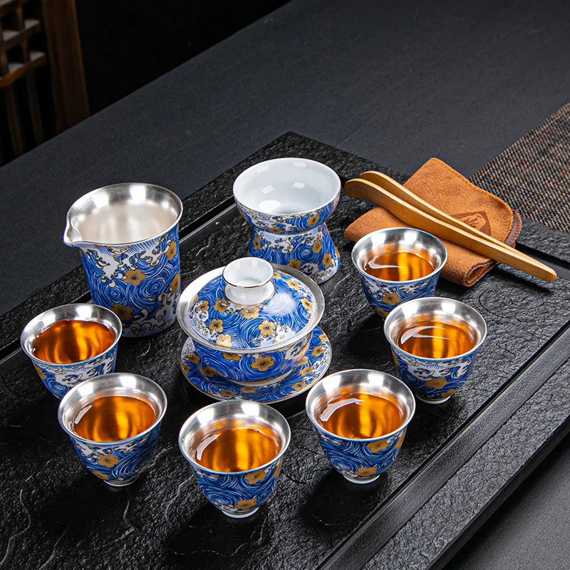 999Pure Silver Ceramic Tea Set Kung Fu Tea Set Blue and White Glaze Silver Teacup Teapot Gaiwan Wedding Business Gift