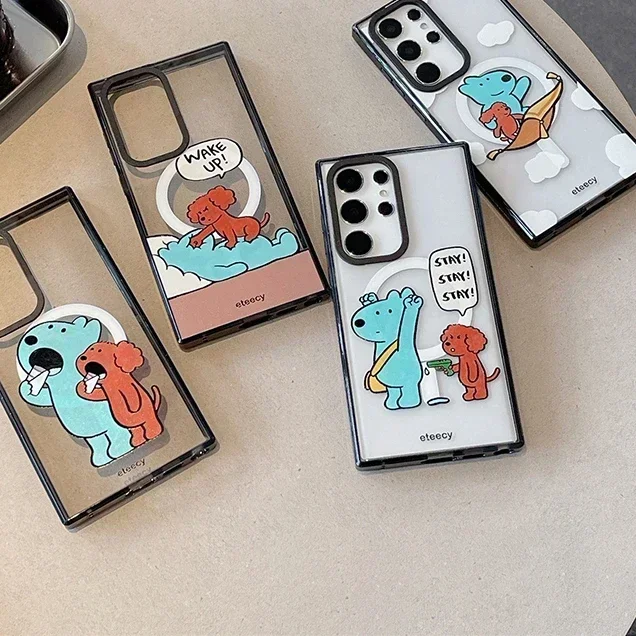 Cute Blue Brown Dog MagSafe Acrylic Black Border Protective Case for Samsung Galaxy S24 U S23U S22 Ultra Shell