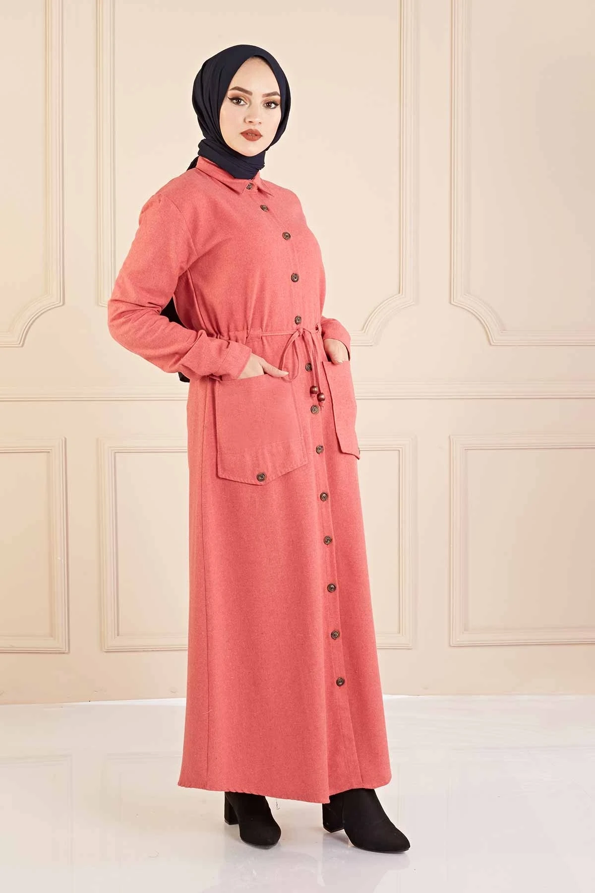 Double breasted Pockets Dress FC Pink Winter Autumn 2021 Muslim Women Hijab headscarf Islamic Turkey