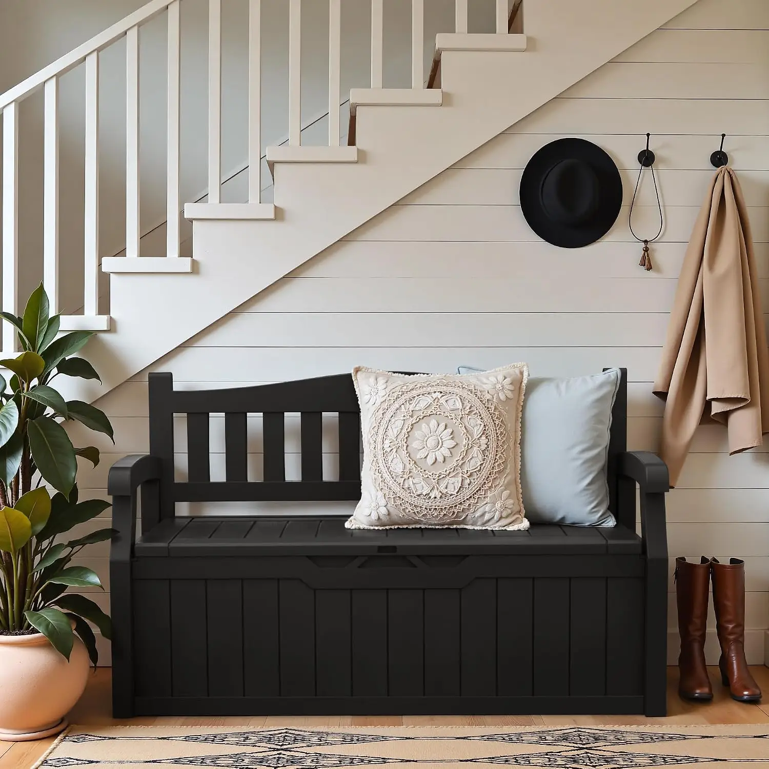 80 Gallon Outdoor Storage Bench Deck Box, Multifunctional Patio Storage Bench for Garden and Yard, Dark Black
