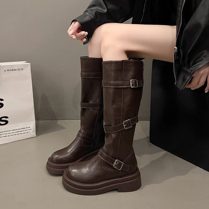 Platform Women Knight Long Boots Fashion Warm Fur Shoes Autumn Winter Square Heels Ladies Knee High Booties