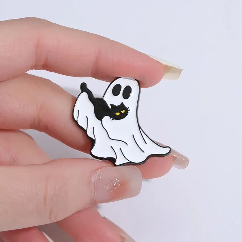 Boo With Black Cat Brooch Enamel Pin Custom Halloween Punk Ghost Brooches Accessories for Shirt Clothes Lapel Badge Jewelry Gift image 4