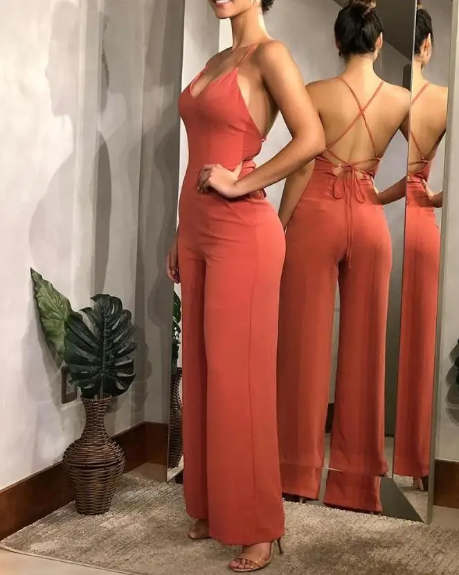 Sexy Women\'s Jumpsuit 2024 Spring/summer V Neck Solid Color Plain Halter Backless High Waist Loose Wide Leg Overall for Women