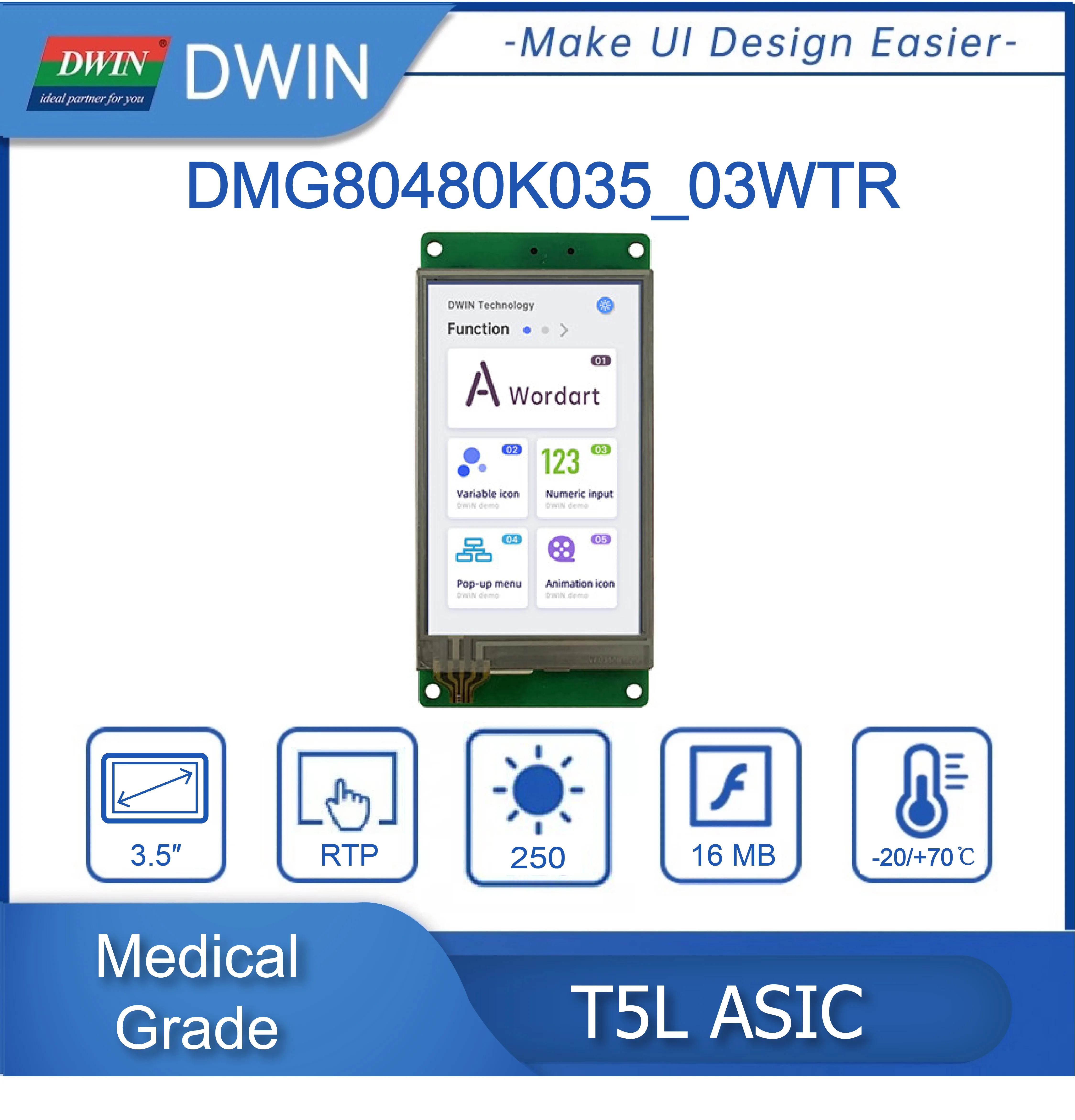 DWIN 3.5 Inch 480*800 Pixels Resolution 262K Colors, IPS-TFT-LCD Wide Viewing Angle DMG80480K035_03W