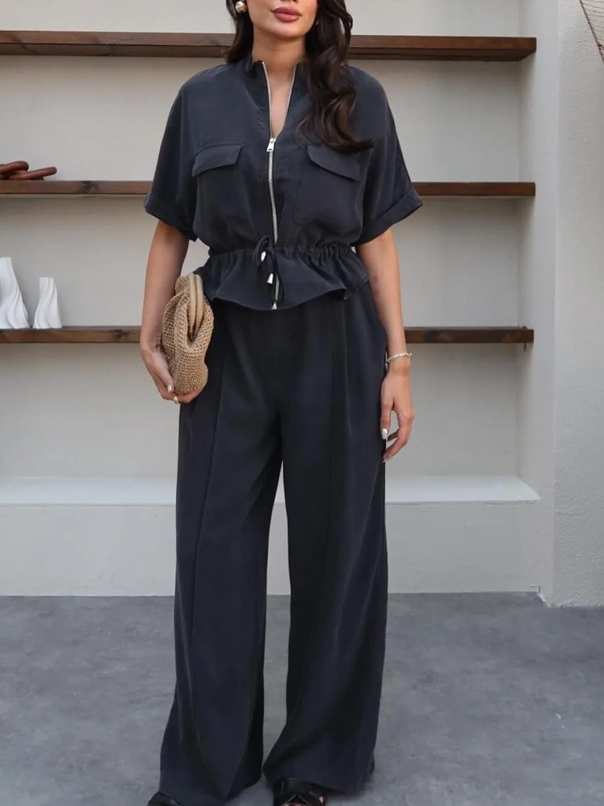 

Повседневный брючный костюм в стиле ретро, женская рубашка на молнии с короткими рукавами, брюки 2024, весенне-летний праздничный женский брючный костюм для поездок на работу