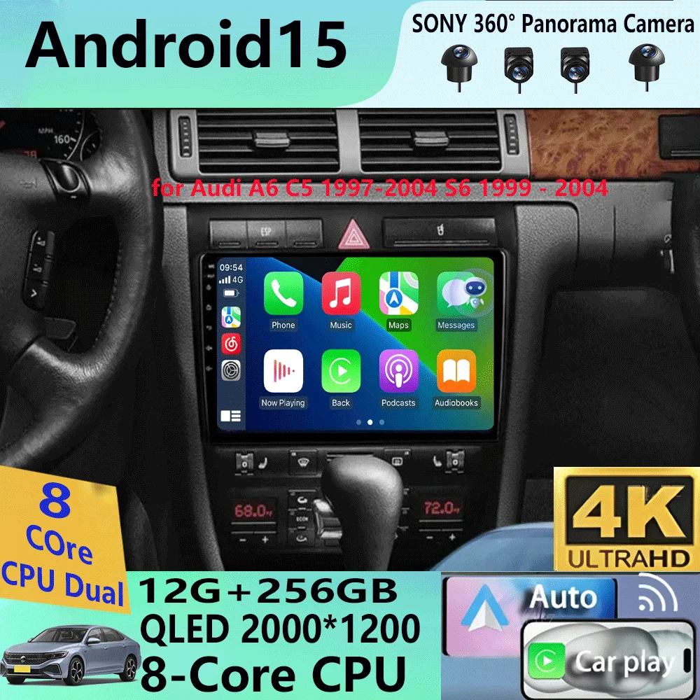 راديو سيارة أندرويد 15 لأودي A6 C5 1997-2004 S6 1999 - 2004 RS6 2002 - 2006 مشغل وسائط متعددة 2Din Carplay ستيريو GPS بدون DVD