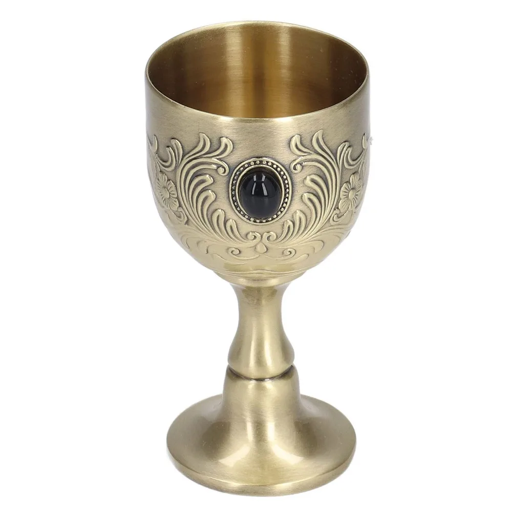 Embossed Engraving Stemmed Liquor Cup Inlaid Gemstone Flower Engraving Bronze Goblet Bronze Alloy Decorative Wine Cup