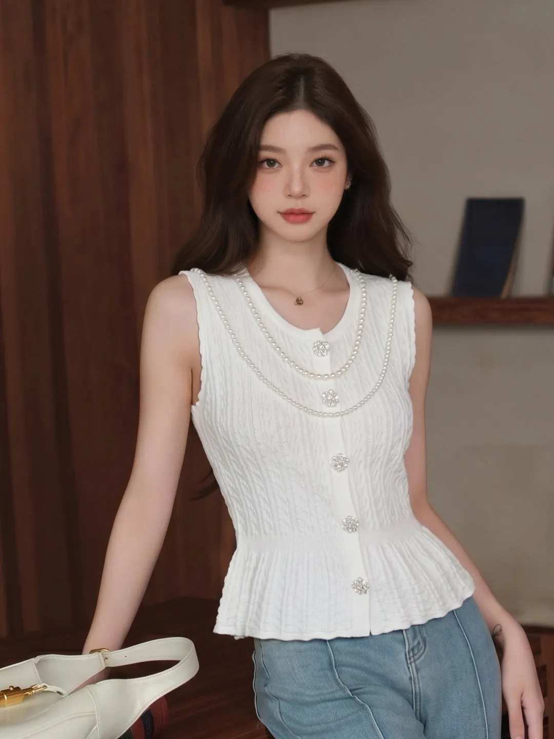 

Pure Desire Heavy Work Hollow out Knitted Vest Pearl Chain Sleeveless round Neck Summer Slimming Top French Style Thickened S...