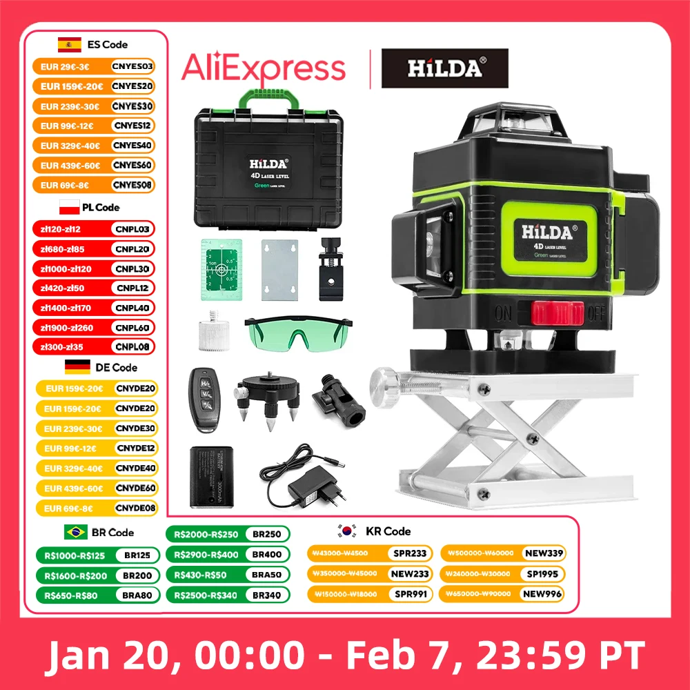 HILDA 4D 16 Lines Green Laser Horizontal 360 Self Leveling Vertical And Horizontal Strong Green Light Beam Optical Instrument
