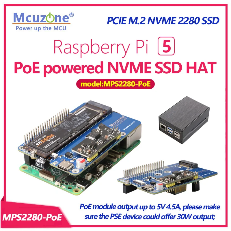 MPS2280-PoE, Raspberry Pi5 PoE powered NVME SSD HAT, PCIE M.2 NVME 2280 SSD,support 2242,2230, POE powerde 5v4.5A