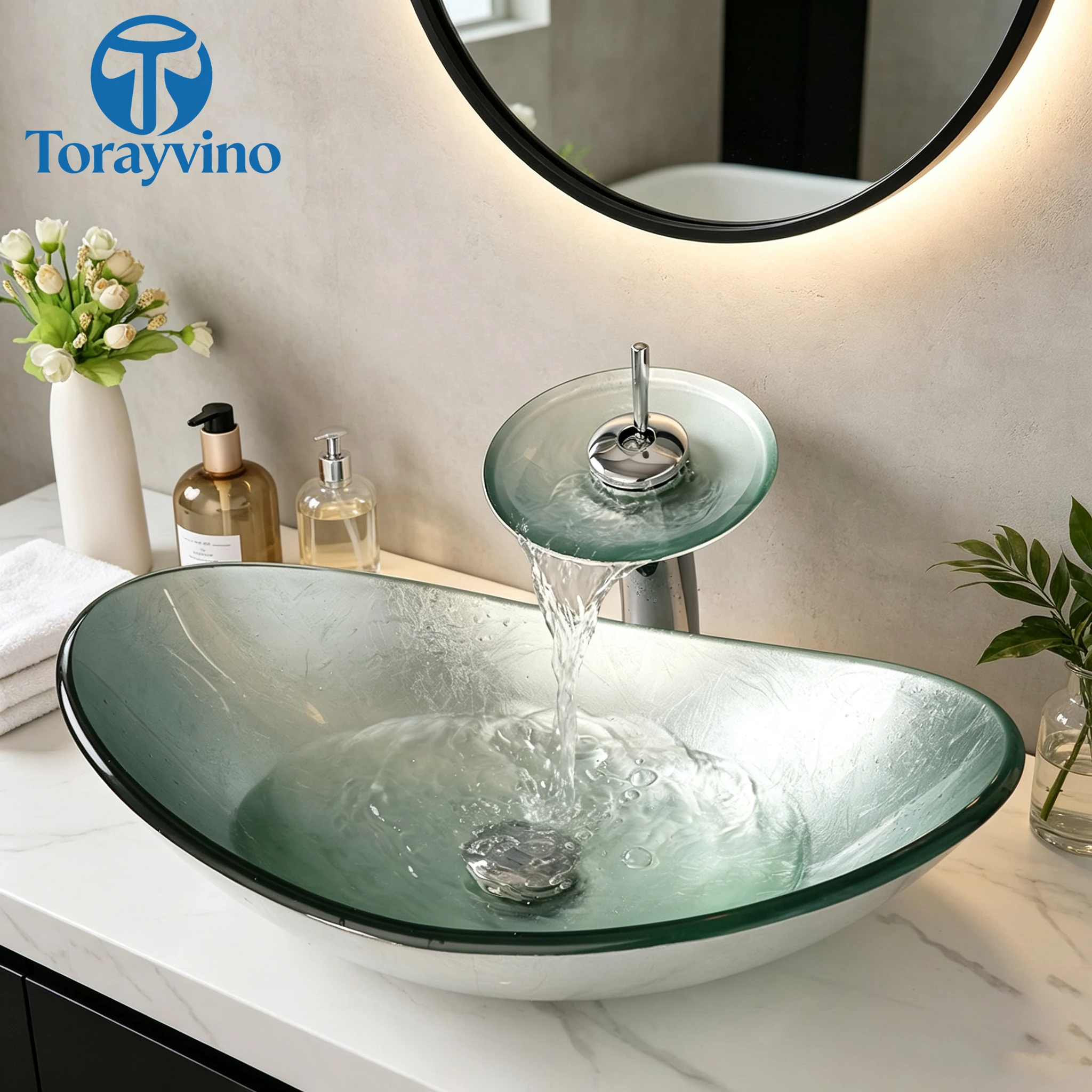 Torayvino Bathroom Oval Washbasin Countertop Tempered Glass BasinFaucet Set Brass Faucet Washroom Vessel Sink Vanity Combo tap