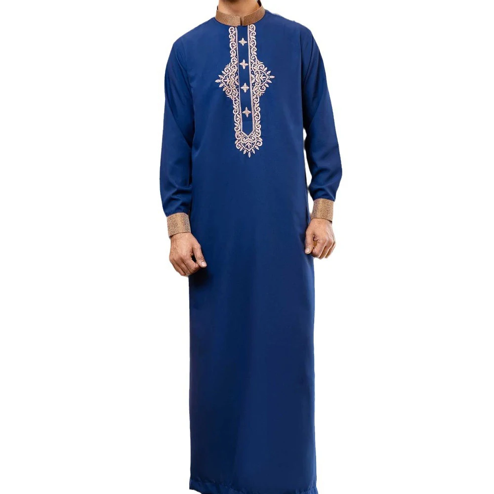 Robe de Rhen dentelle brodée à manches longues et col rond avec longueur de rinçage, robe arabe bleue, style ethnique