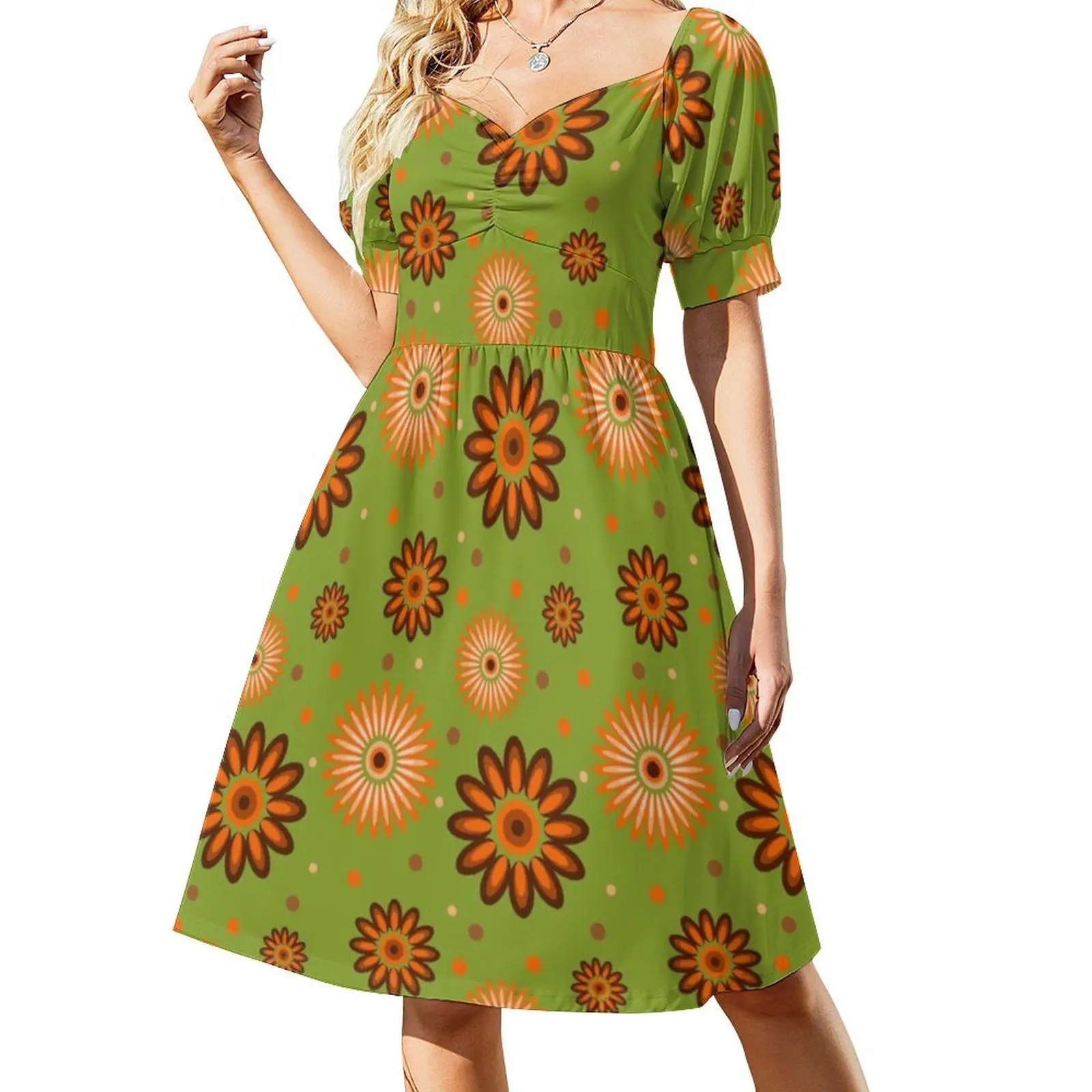 فستان بوهيمي بوهيمي بدون أكمام من الزهور المستوحاة من السبعينيات باللون البرتقالي والبني، فستان متعدد الطباعات لحفلات العطلات على الشاطئ، Thescraggybeard