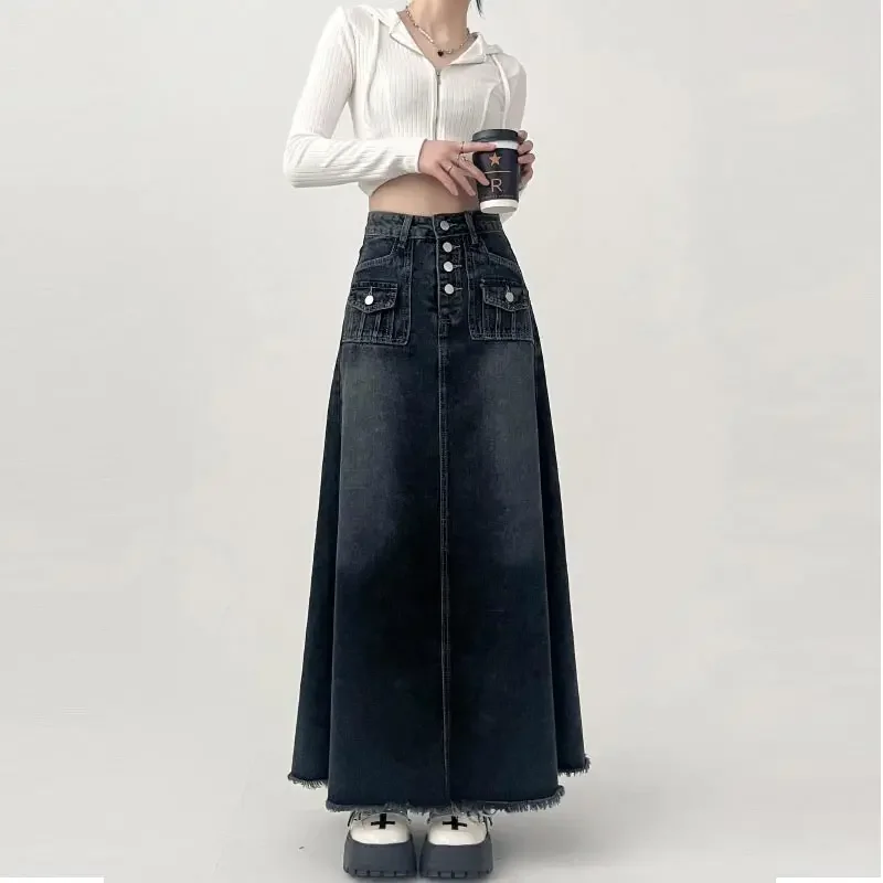 

High-waisted Cargo Denim Skirt Women's Autumn Long A-line Mid-length Skirt Retro Raw Edge Y2k Female Clothing Korean Style