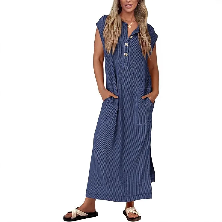 

Spring Summer 2026 Ribbed Knit Henley Short-sleeve Maxi Dress with Buttons Loose Fit Slit Skirt