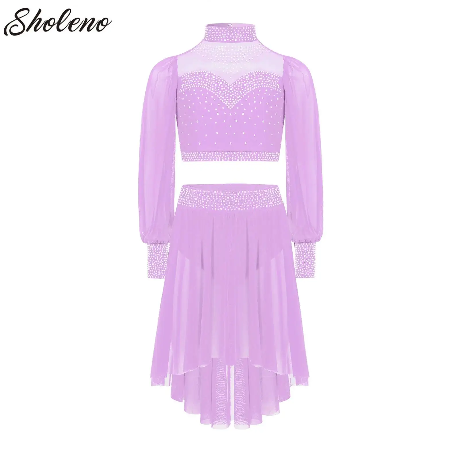 

Girls Lyrical Contemporary Dance Set Gymnastics Figure Skating Ballet Outfits Rhinestones Crop Top with Asymmetrical Skirt Suit