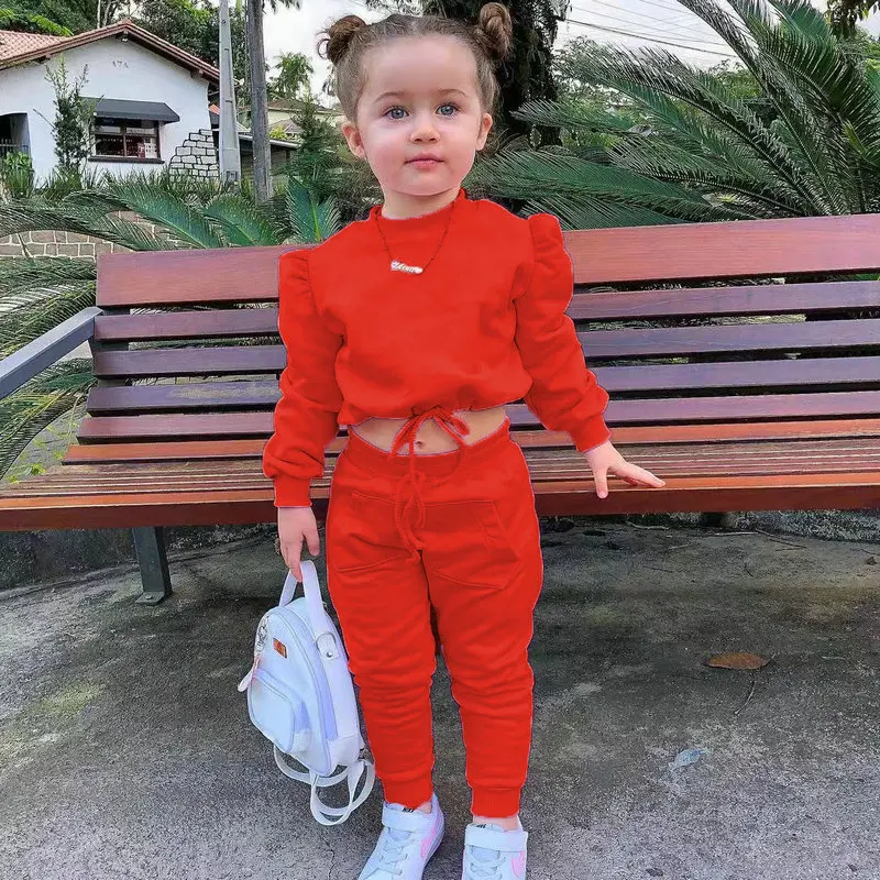 1-8Years Soild Kids Girl Child Suit Outfit Long Sleeve Crop Tops+Pants Sets Fashion Spring Autumn Baby Girl Clothes Suits 2023