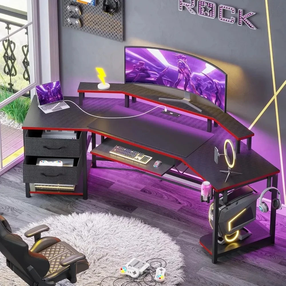 

79 Inch Gaming Table, Computer Desk with 2 Fabric Drawers and LED Lights, L-shaped Gaming Table with Storage Rack