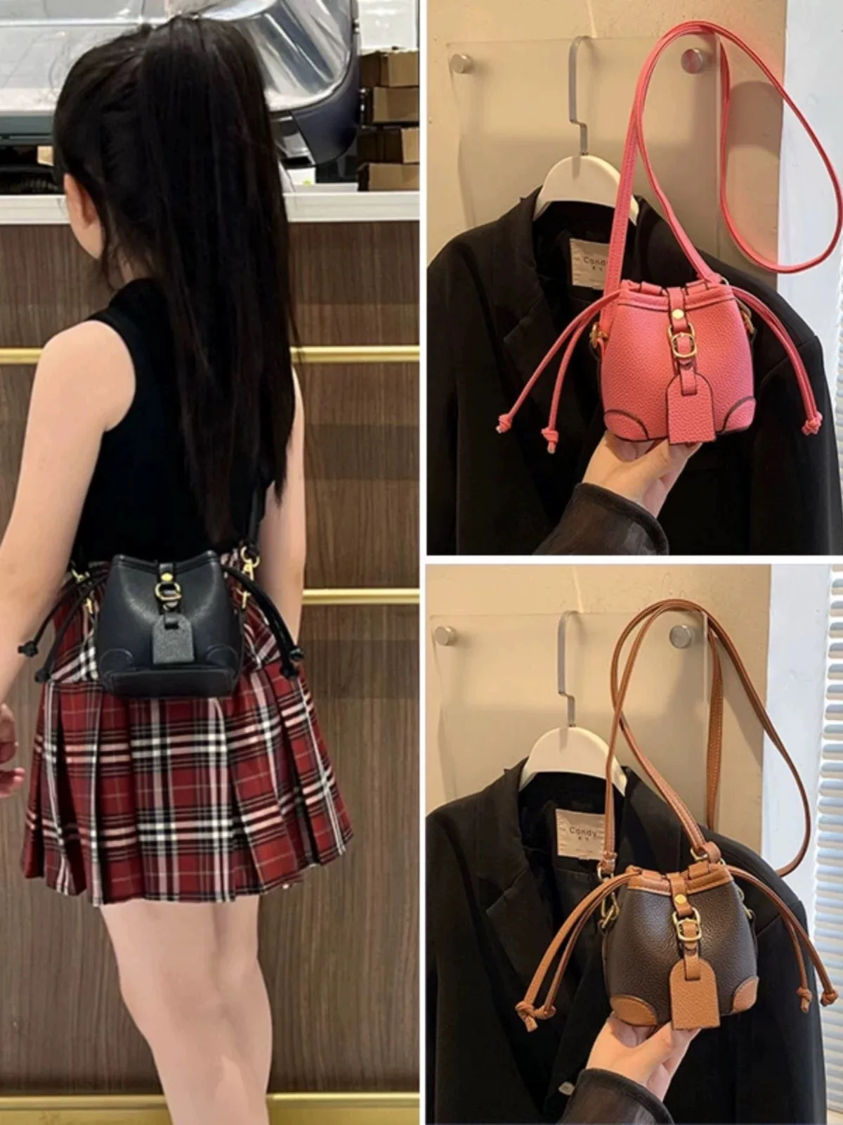 

Leather Children's Bucket Bag Fashionable Girls Crossbody Coin Purse Versatile Little Girl Accessory Bag Baby Coin Purse