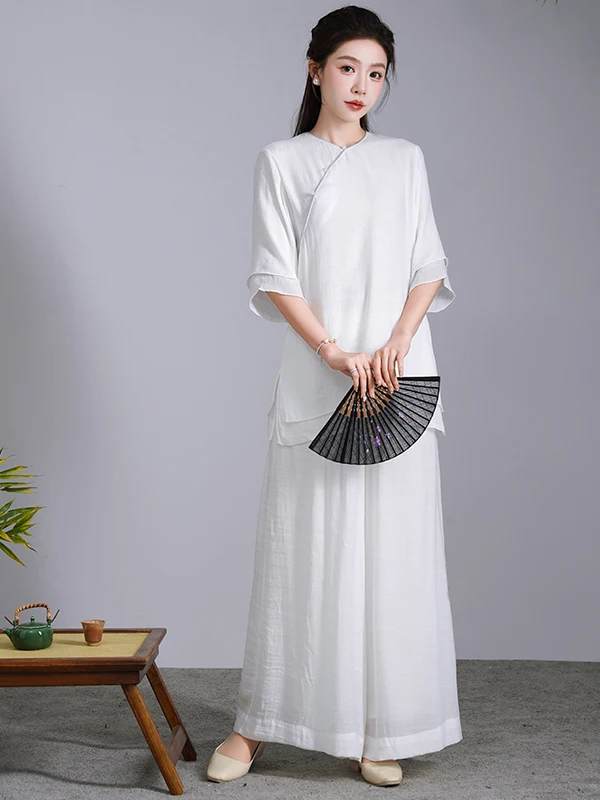 Vêtements de yoga pour femmes Tai Chi coton lin été Faion ensemble blanc Zen Sle fée Aosphère costume deux pièces rond Ne Long...