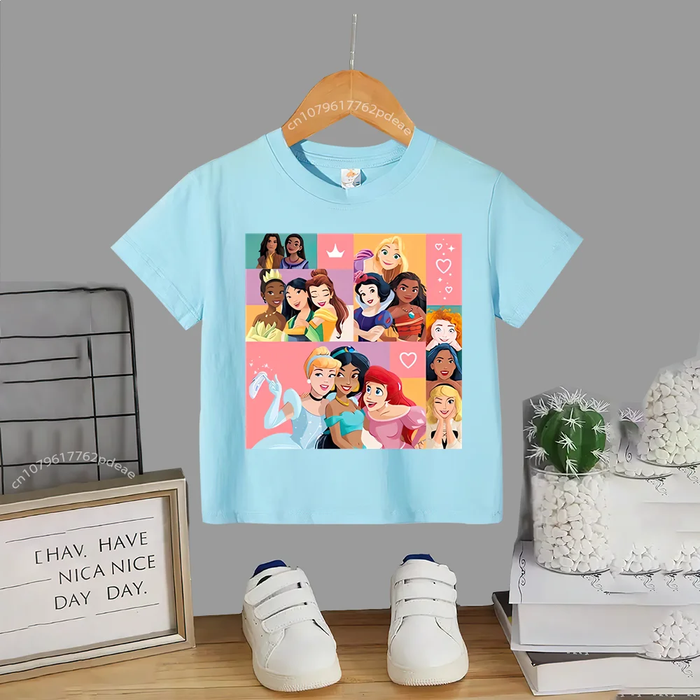 Disney Teen 100% Cotton T-shirt Baby Baby Top Printed playful Barbie Princess Cotton T-shirt Boys Girls Comfortable casual short
