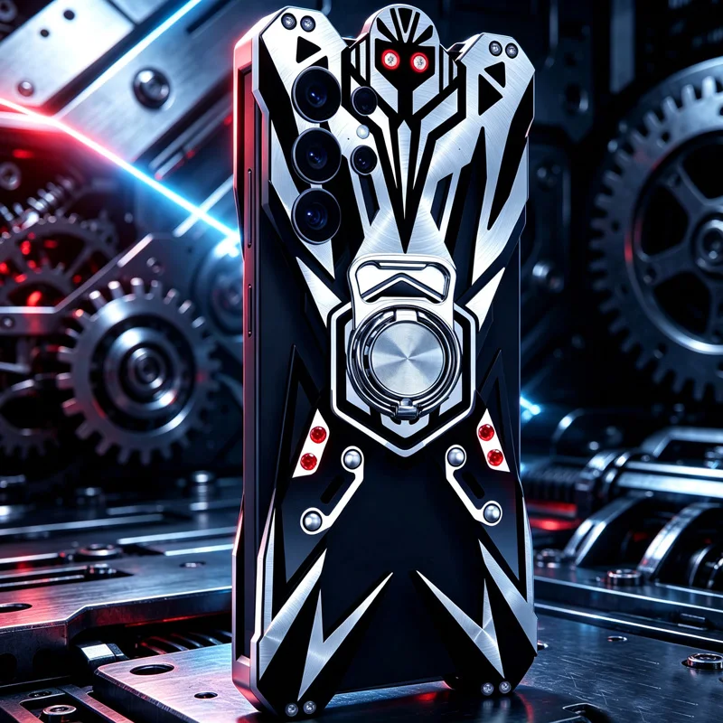Steampunk Mecha Aluminum Case for Samsung Galaxy S26 25 24 23 22 Ultra CNC Cooling Metal Cover 360 Degree Ring Stand Car Mount