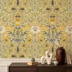 Lily & Pomegranate Peel and Stick Wallpaper,Yellow Wall Paper Mural,Vintage Botanical Wall Paper Roll, Self-ahesive Or Tradition