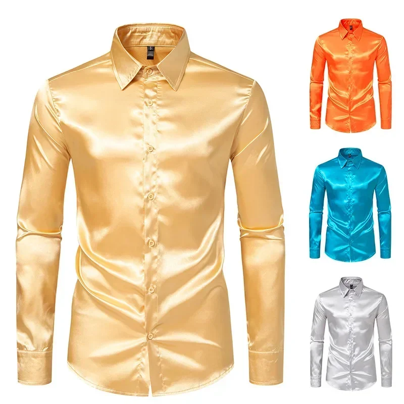 Chemise à Manches sulfen Satin pour Homme, Style Boîte de Nuit, Couleur Unie, Tendance, Automne et Hiver